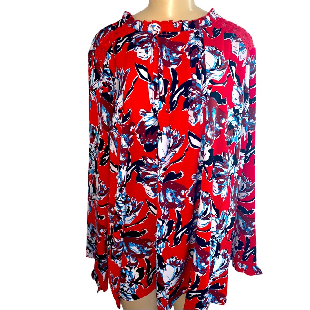 Suzanne Betro PLUS Pleated Front High Ruffle Collar Lace LS Blouse Red Shirt Top